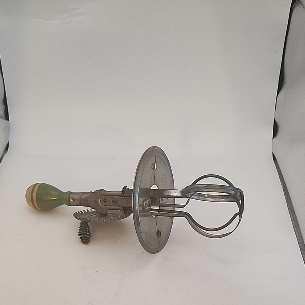 Antique 1920's Sheilded Hand Crank Egg Beater w/ Wood Handle